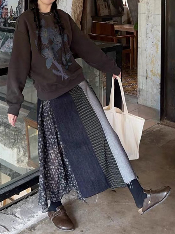 日系设计感不规则撞色格纹碎花牛仔拼接半身裙秋冬新款高腰a字裙|undefined