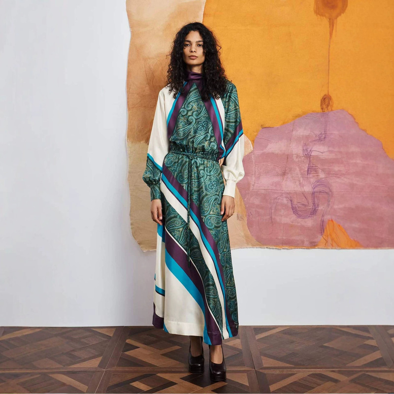 Vintage Paisley Satin Dress for Women with High Collar, Lantern Long Sleeves, Drawstring Waist, Large Hem, Long Printed Dress Vintage Paisley Satin Dress for Women with High Collar, Lantern Long Sleeves, Drawstring Waist, Large Hem, Long Printed Dress