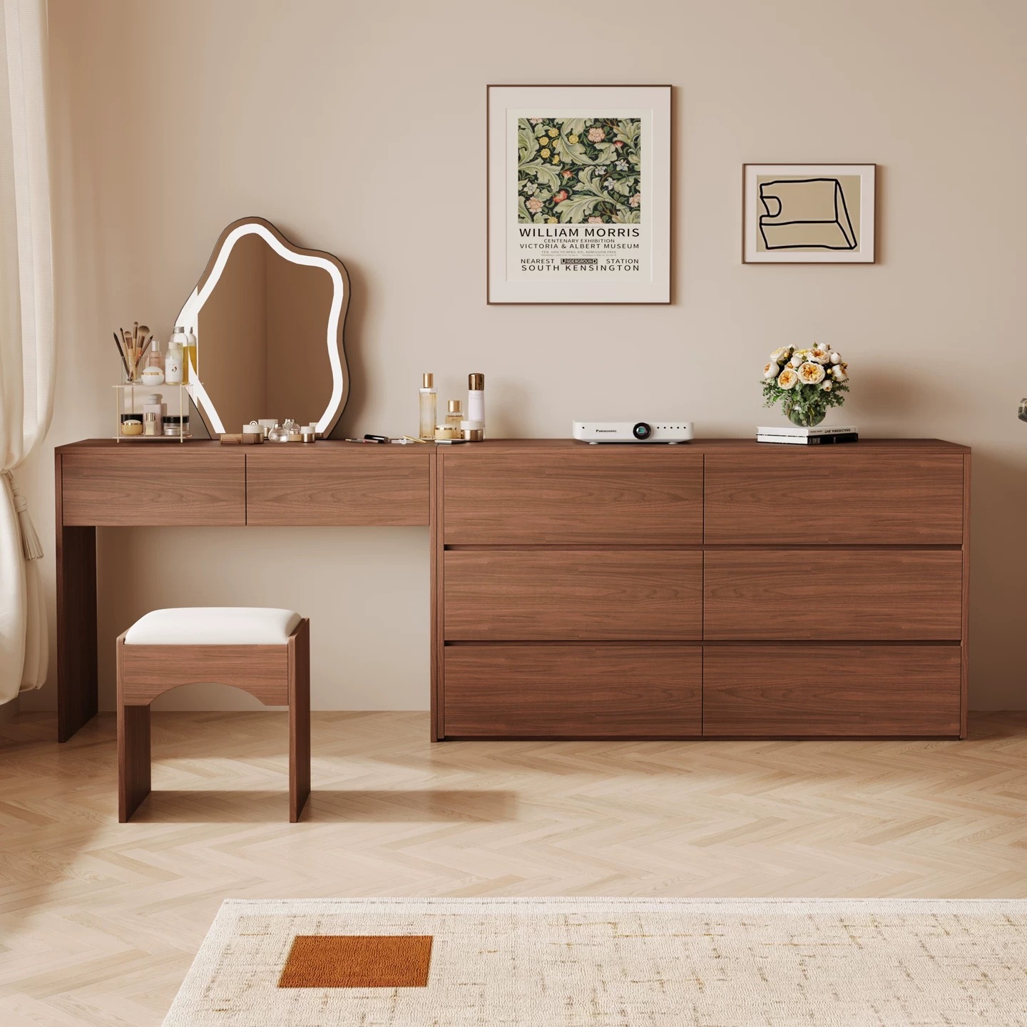 2025 New Walnut Solid Wood Dressing Table Dresser Cupboard Integrated with Mirror Modern Bedroom Simple Small Apartment