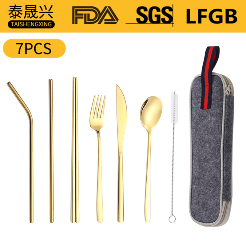 Amazon popular 304 Acero inoxidable paja vajilla traje coreano cuchillo de comida occidental, tenedor y cuchara de paja portátil conjunto de 7 piezas