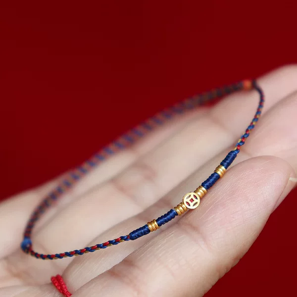 New Chinese-Style Woven Bracelet with Copper Coins in Dunhuang Color Scheme, Adjustable Red and Blue Color Combination, Ancient Style Couple's Bracelet, Wealth-Attracting Jewelry