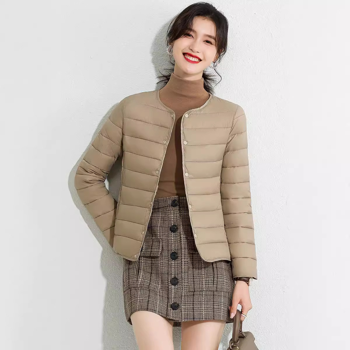 女短款春秋新款轻薄保暖棉服韩版百搭修身小香风外套潮无领外穿