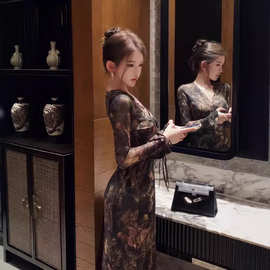 破碎感枯叶蝶 凉感弹力网纱连衣裙修身显瘦气质长裙女装夏季气质