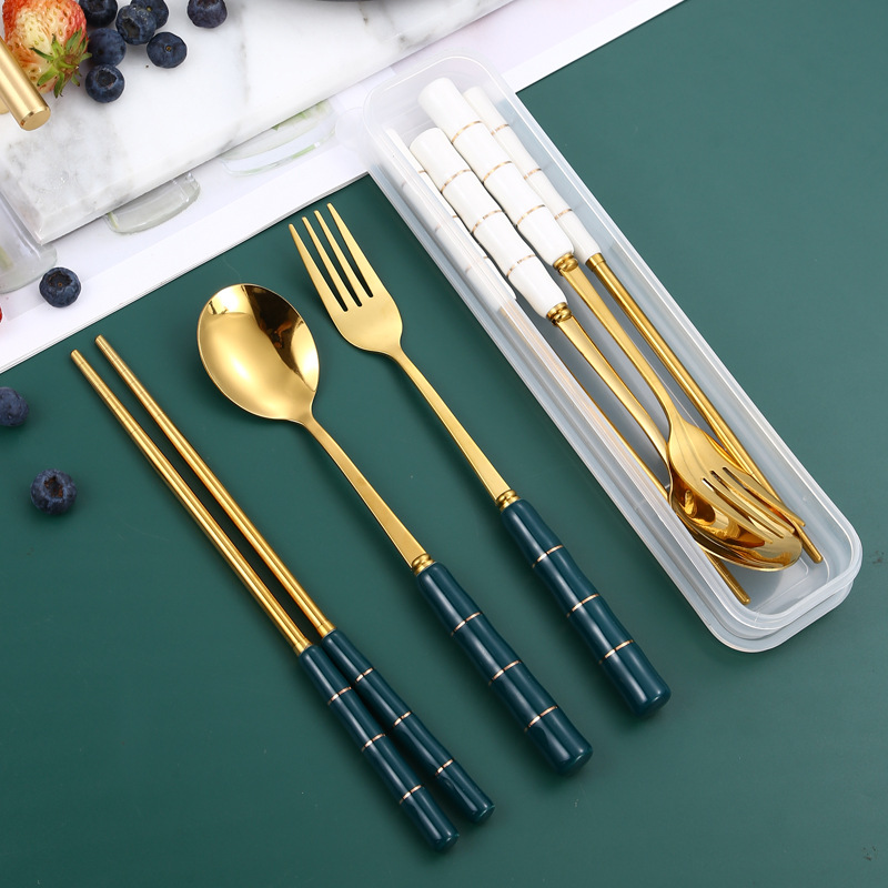 Palillos de acero inoxidable traje de cuchara estudiante vajilla portátil cuchara de tres piezas tenedor caja de almacenamiento de mango de cerámica