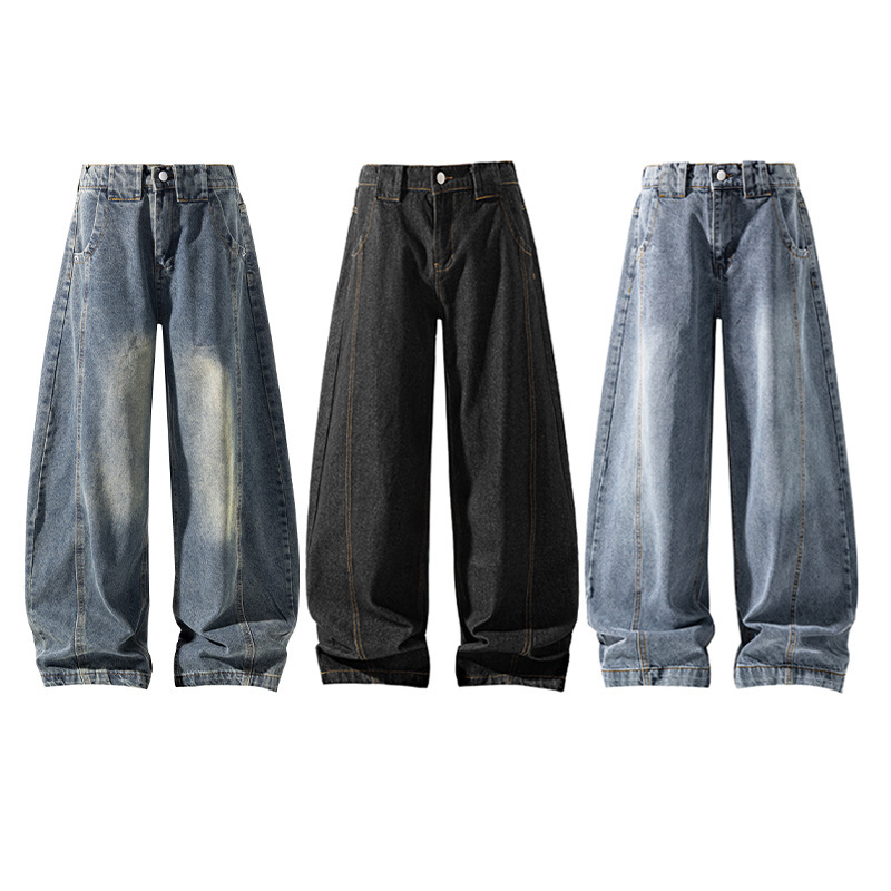 Vintage Curved Hem Jeans for Men, Summer American Style Straight Loose Pants, Cool Trendy Brand Curved Hem Wide-Leg Casual Long Pants Vintage Curved Hem Jeans for Men, Summer American Style Straight Loose Pants, Cool Trendy Brand Curved Hem Wide-Leg Casual Long Pants