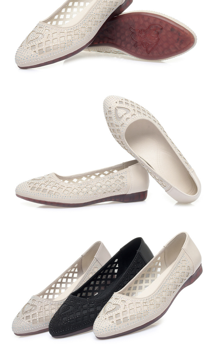 Sandal nữ da thật mũi tròn đính đá đế bệt thoáng khí — Màu be chi tiết 19