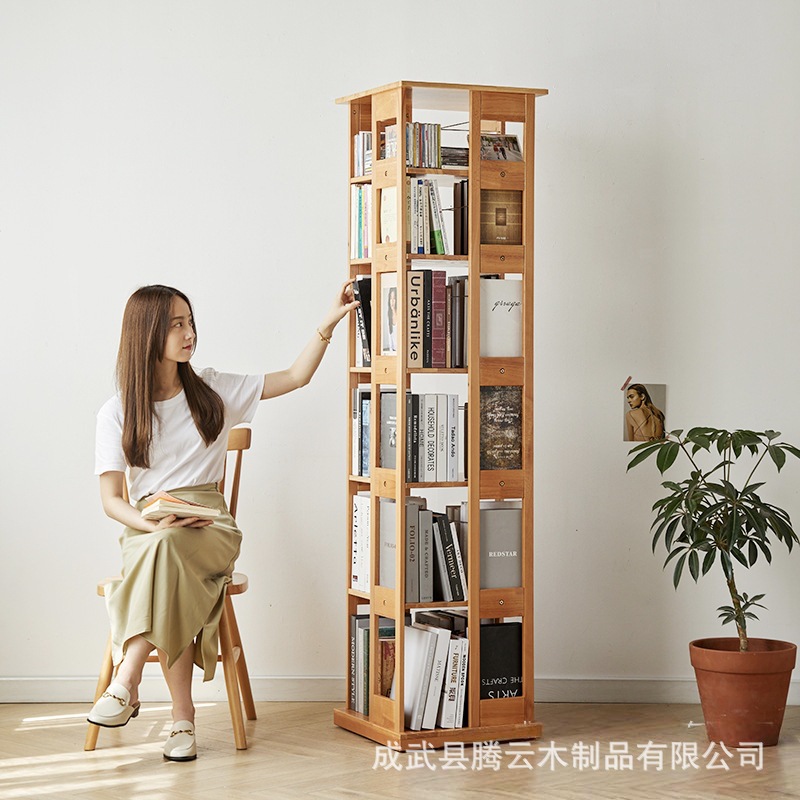Cross-Border Solid Wood Movable Bookshelf Multi-Layer Book and Picture Book Storage Rack Large Capacity Bookcase New Model Wooden Floor-Standing Shelf