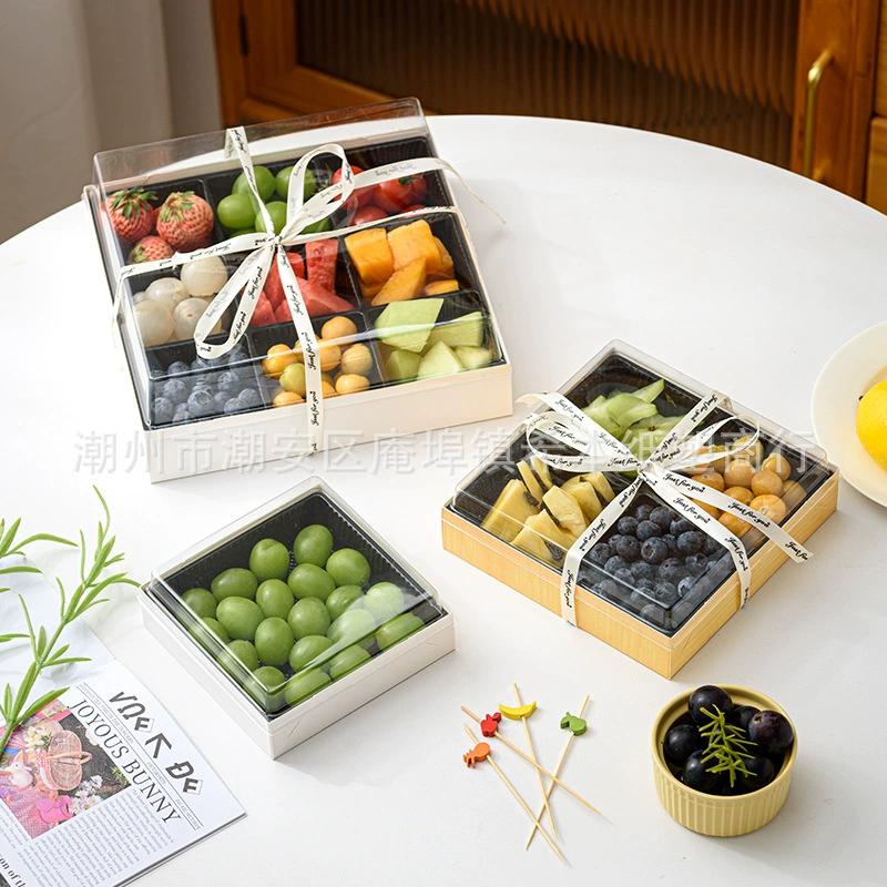 Фруктовая коробка из четырех частей, упаковочная коробка для нарезки свежих фруктов, четырехугольная тарелка для фруктов, одноразовая бумажно-пластиковая упаковочная коробка с крышкой