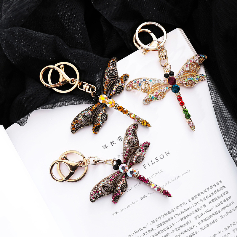 New Smearing Dragonfly Schoolbag Pendant Cute Creative Metal Keychain Cartoon Insect Stereo Auto Accessories