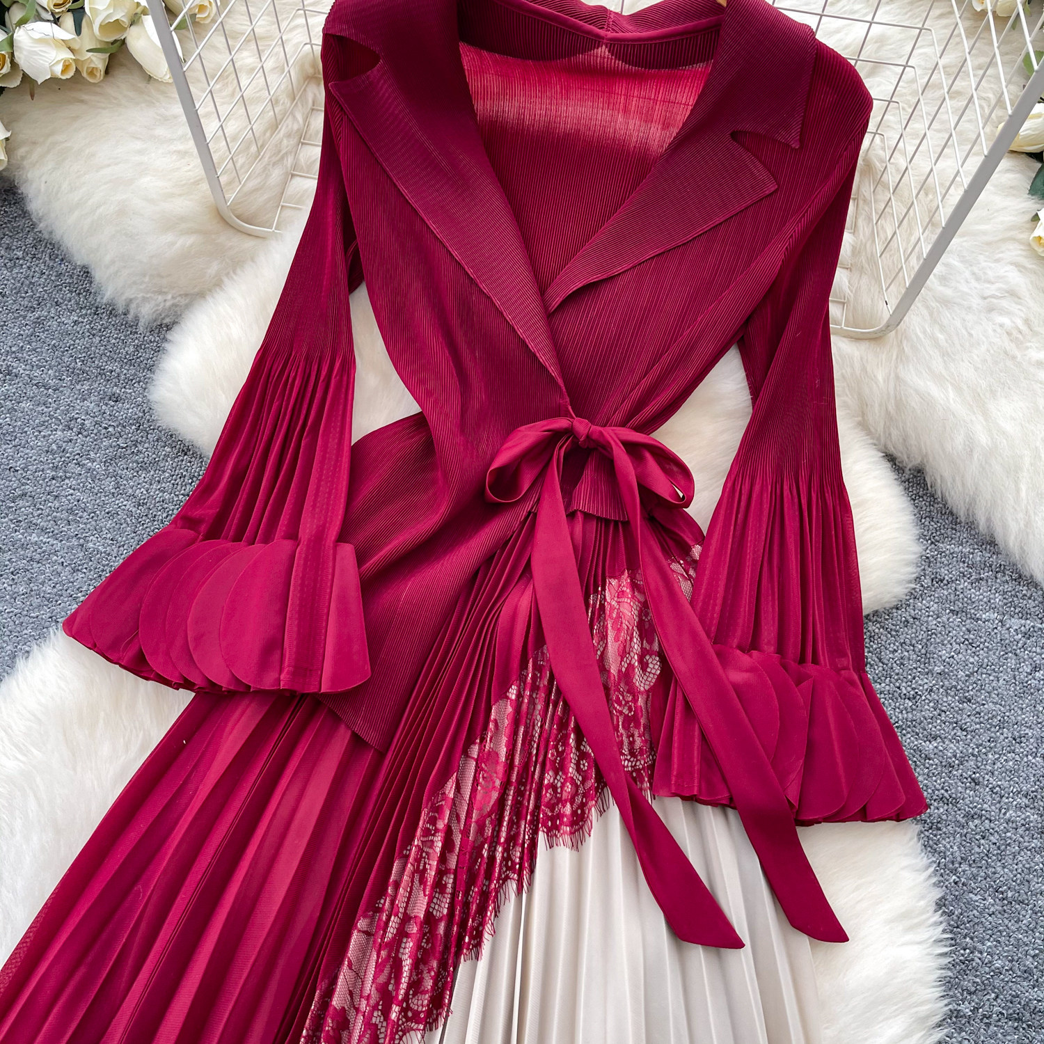 Elegant V-Neck Floral Print Maxi Dress Wrap Style Flared Sleeves Ruffle Hem Office-Ready One-Size Fits US 4-12 Four Colors_ecoleips.com