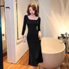 Retro Hong Kong style square neck long sleeved buttocks wrapped slit dress