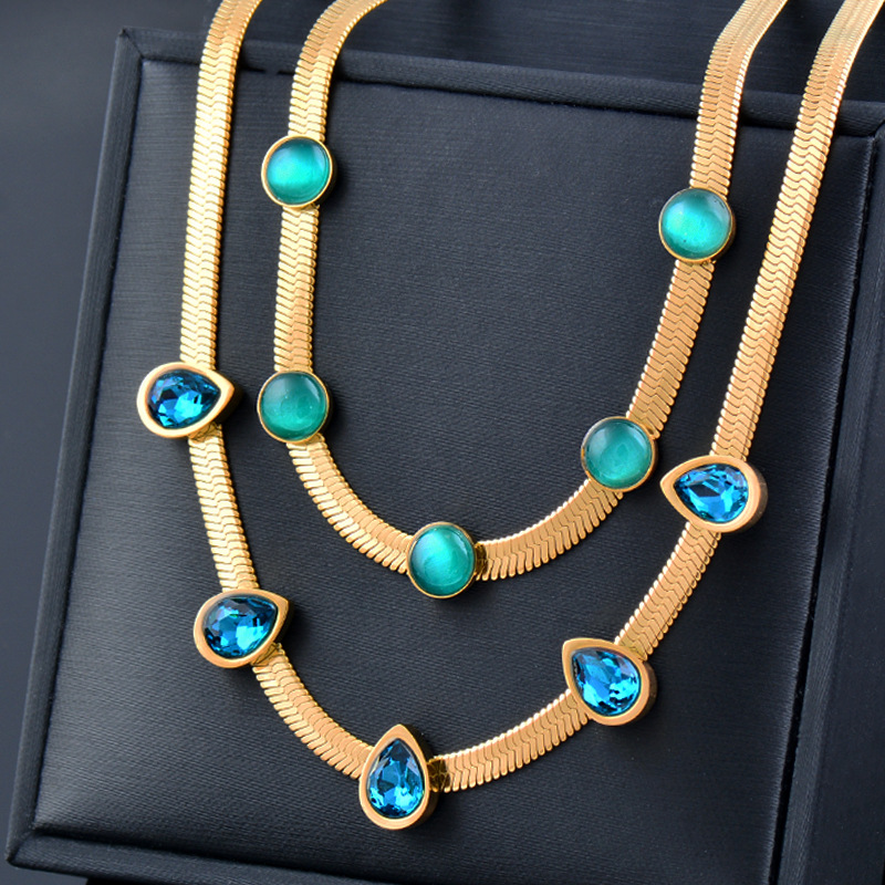 Fashion Round Water Droplets Titanium Steel Inlay Inlaid Gold Artificial Gemstones Necklace 1 Piece