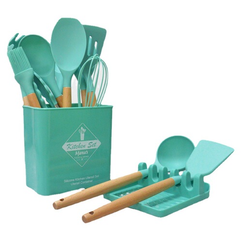 HuanYa 13-Piece Wooden Handle Silicone Kitchen Utensils Spatula Set Non-Stick Pan Spatula with Storage Bucket Kitchen Tools