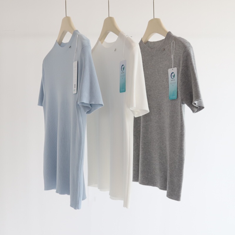 Summer New Lyocell Tencel Half-high Collar Metal Accessories Short-sleeved Sweater Women's Commuting Simple Inner Top