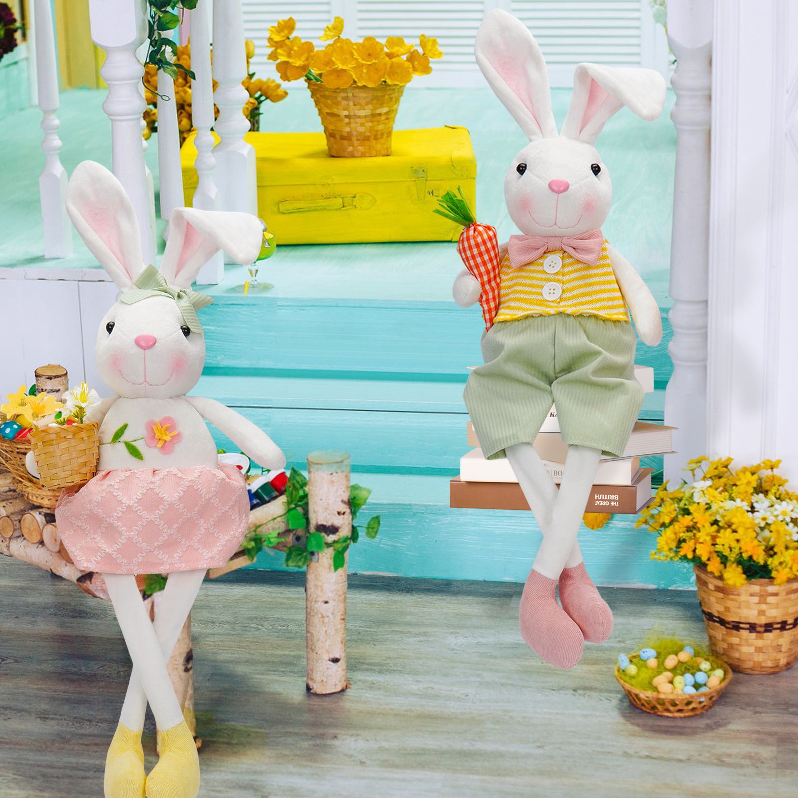 Transfronterizo nueva muñeca de conejo de Pascua con cesta de flores de rábano lindo conejo muñeca decoración decoraciones navideñas