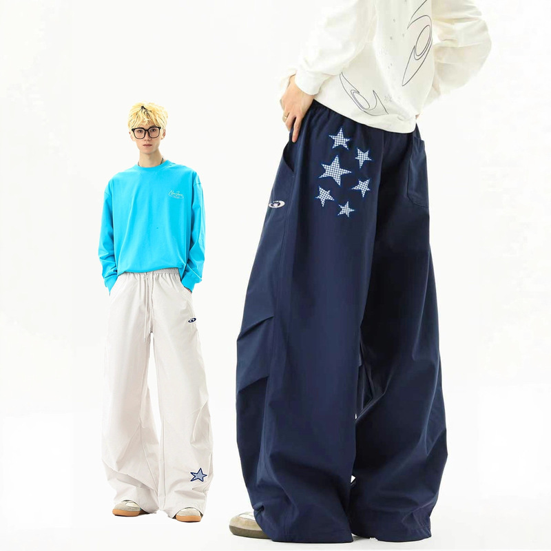 American-Style Star Patch Pleated Paratrooper Casual Pants for Men, Autumn Trendy Loose Wide-Leg Jogger Straight-Leg Sports Pants