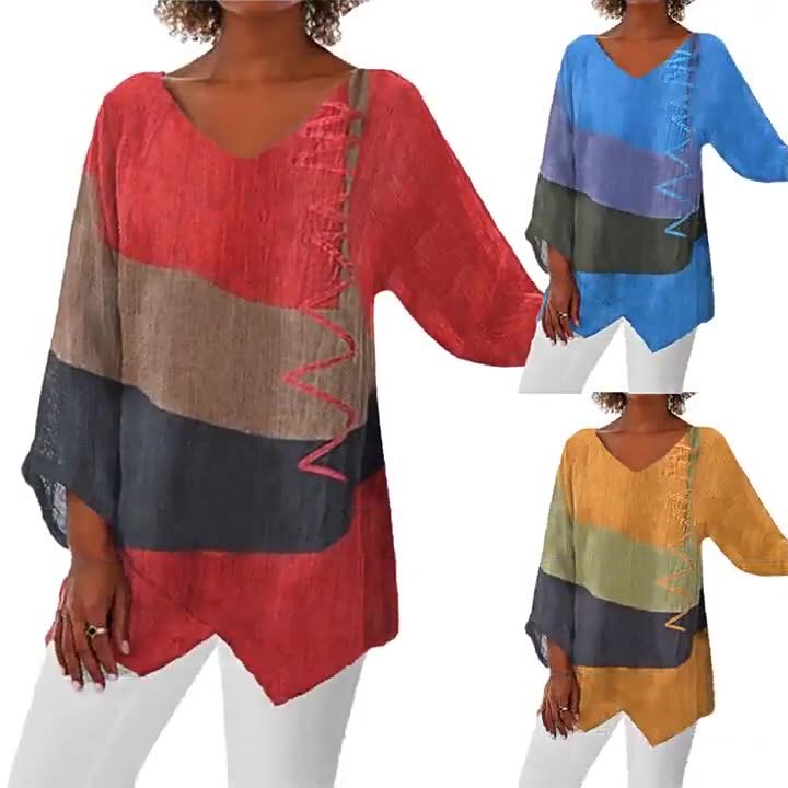 2025 Spring and Autum European and American New Casual Loose V Neck Asymmetrical Hem Art Printed Long-Sleeved Retro Tops