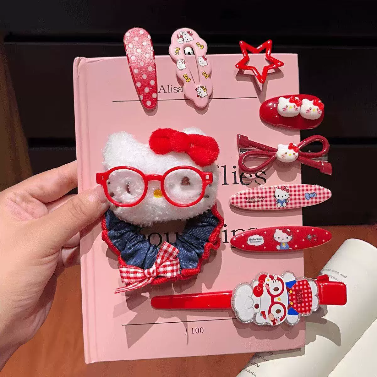 Набор аксессуаров для волос (Hello Kitty) — 10 штук милых японских мультяшных заколок, шпильки и резинки, розовый