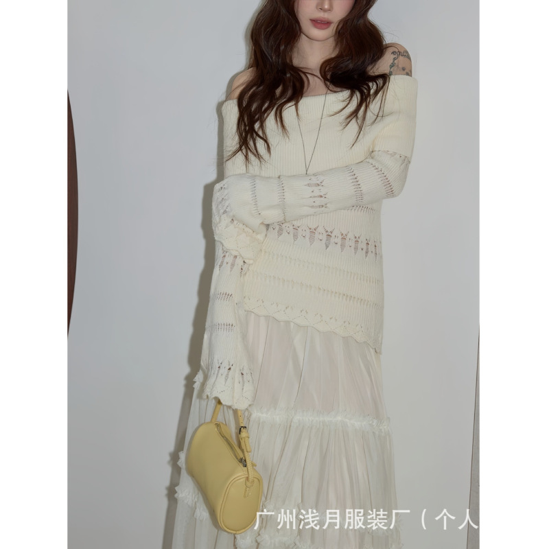 Chic Korean-Style Off-Shoulder Top in Apricot Color for Women, Spring Season, High-End Feel, Casual Slim-Fit Knit Sweater Chic Korean-Style Off-Shoulder Top in Apricot Color for Women, Spring Season, High-End Feel, Casual Slim-Fit Knit Sweater
