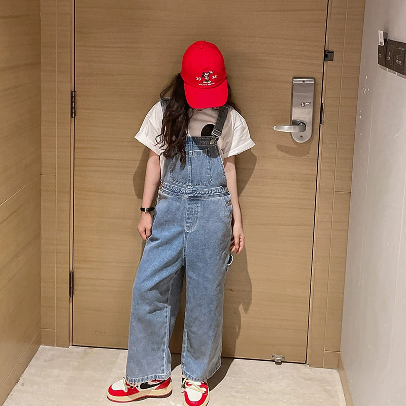 Denim fashionable overall, children's autumn casual trousers for leisure, 2022 collection, Korean style