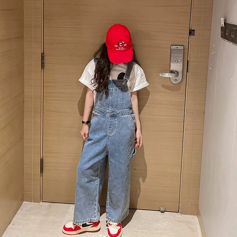 Denim fashionable overall, children's autumn casual trousers for leisure, 2022 collection, Korean style