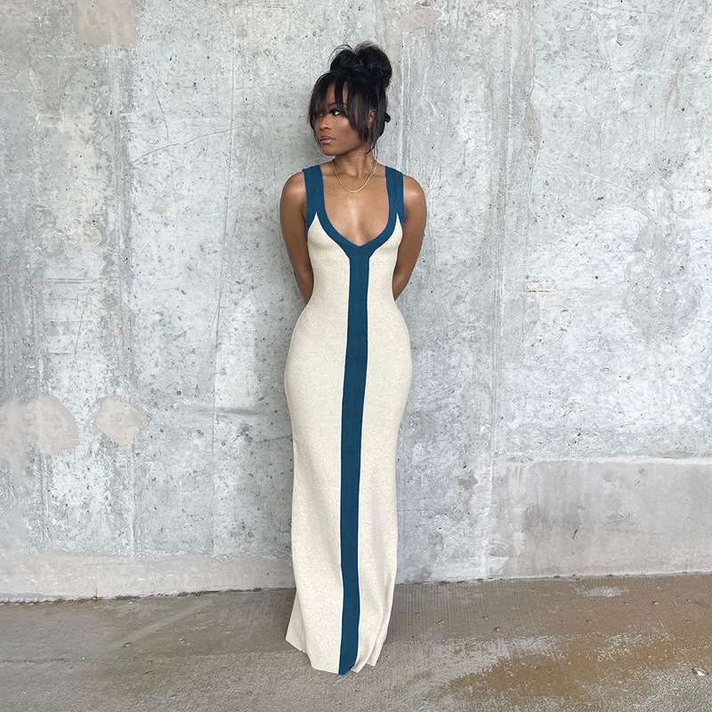 Women's Sheath Dress Vintage Style V Neck Contrast Binding Sleeveless Color Block Maxi Long Dress Daily display picture 1