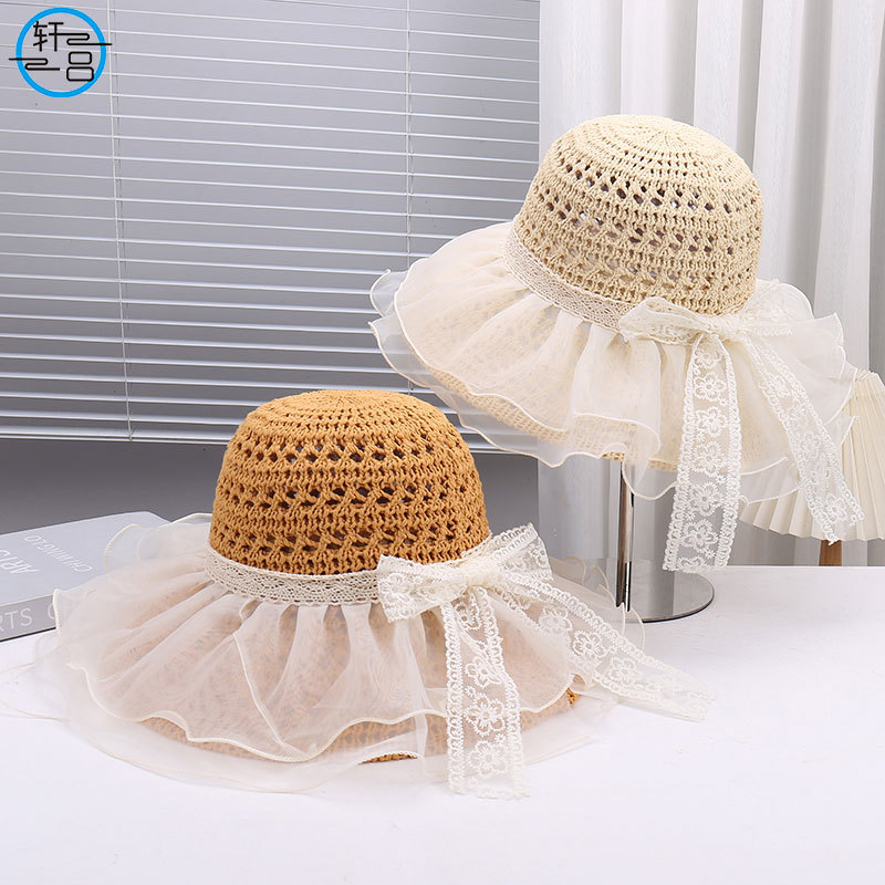 Fashionable knitted breathable comfortable cute sun hat with bow for…