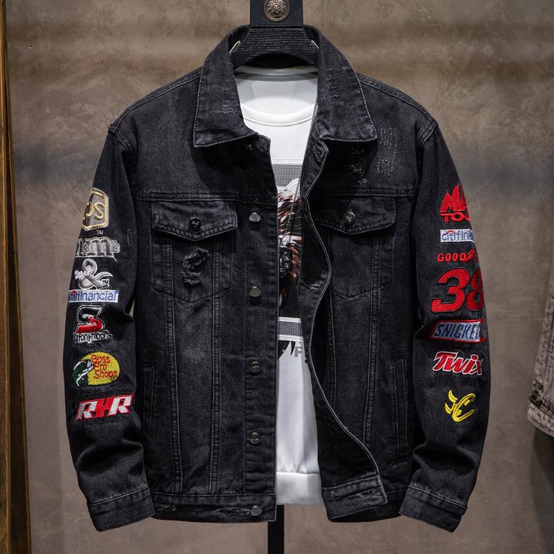 Trendy Brand Ripped Embroidered Jacket Men's Spring and Autumn Loose Jeans Fashionable Youth Jacket Casual Long-sleeved Jacket Trendy Brand Ripped Embroidered Jacket Men's Spring and Autumn Loose Jeans Fashionable Youth Jacket Casual Long-sleeved Jacket