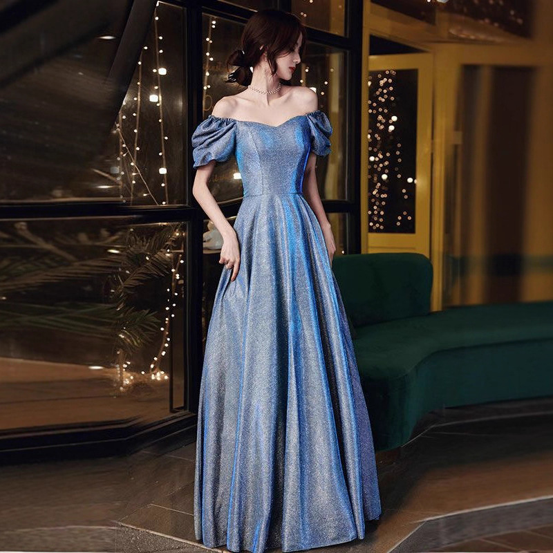 星空晚礼服新款蓝色长款亮片伴娘团气质年会姐妹礼服主持宴会礼服