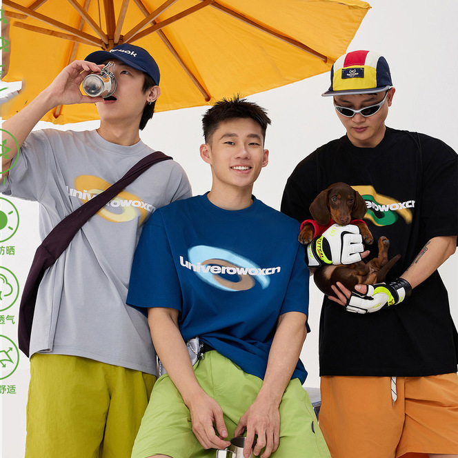 0W0 260g Cool Cotton Sports Short-Sleeved T-Shirt Logo Design Loose Casual Round Neck Half-Sleeved Top Summer