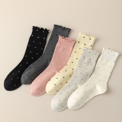 秋季新品襪子女士日系木耳邊中筒襪透氣圓點花邊堆堆襪ins諸暨襪