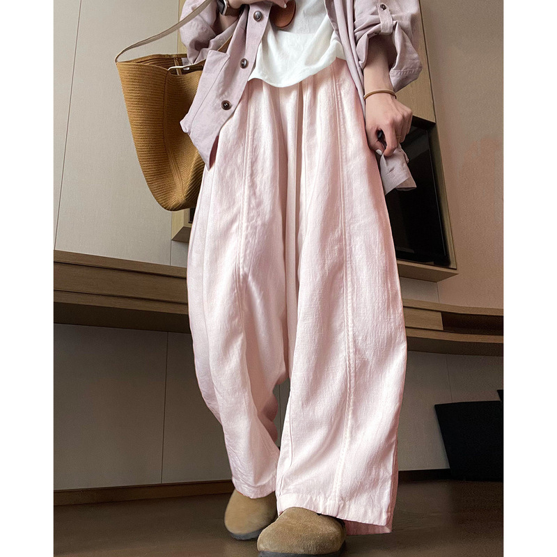 Pink Drapey Wide-Leg Pants for Women, New Summer Style, Simple Loose Fit, Slimming Narrow Version, Petite Casual Straight-Leg Curved Pants Pink Drapey Wide-Leg Pants for Women, New Summer Style, Simple Loose Fit, Slimming Narrow Version, Petite Casual Straight-Leg Curved Pants