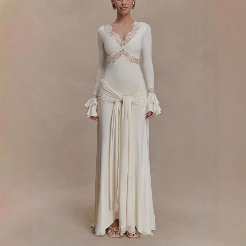 Amazon Cross-Border European and American New Style Long-Sleeved Dress with Lace Splicing, Bell Sleeves, and Elegant Slim-Fit Long Dress for Women