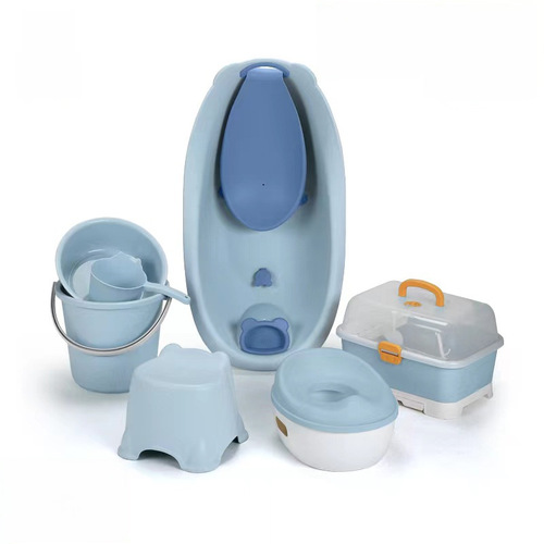 Baby bathtub set, consisting of bathtub, milk bottle storage box, water bucket, children's convenient push cart, potty storage cabinet, eight-piece set