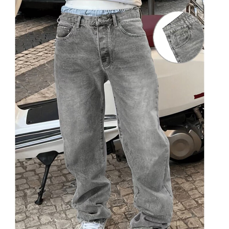 Cross-border European and American men's light gray loose casual style denim trousers Cross-border European and American men's light gray loose casual style denim trousers