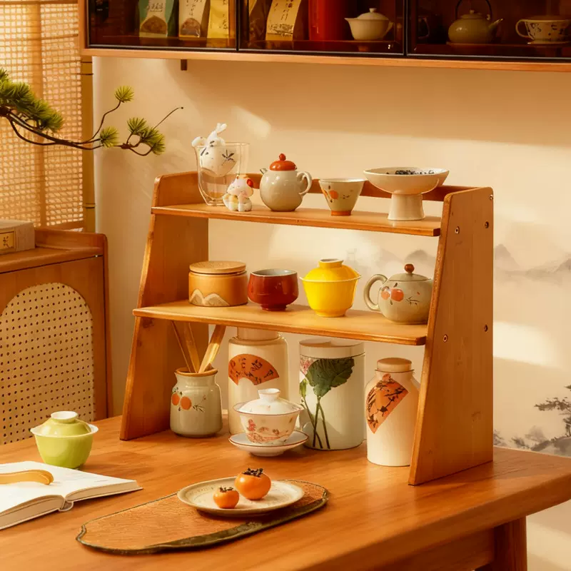 桌面茶舍胡桃木茶具置物架茶杯架博古架中式实木台式茶桌桌面收纳