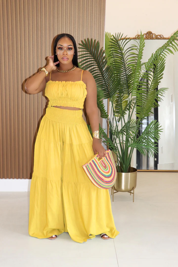 Women's Clothing Fashion Solid Color Suspender Top Plus Loose Wide Leg Pants Two Piece Set_voghion.com