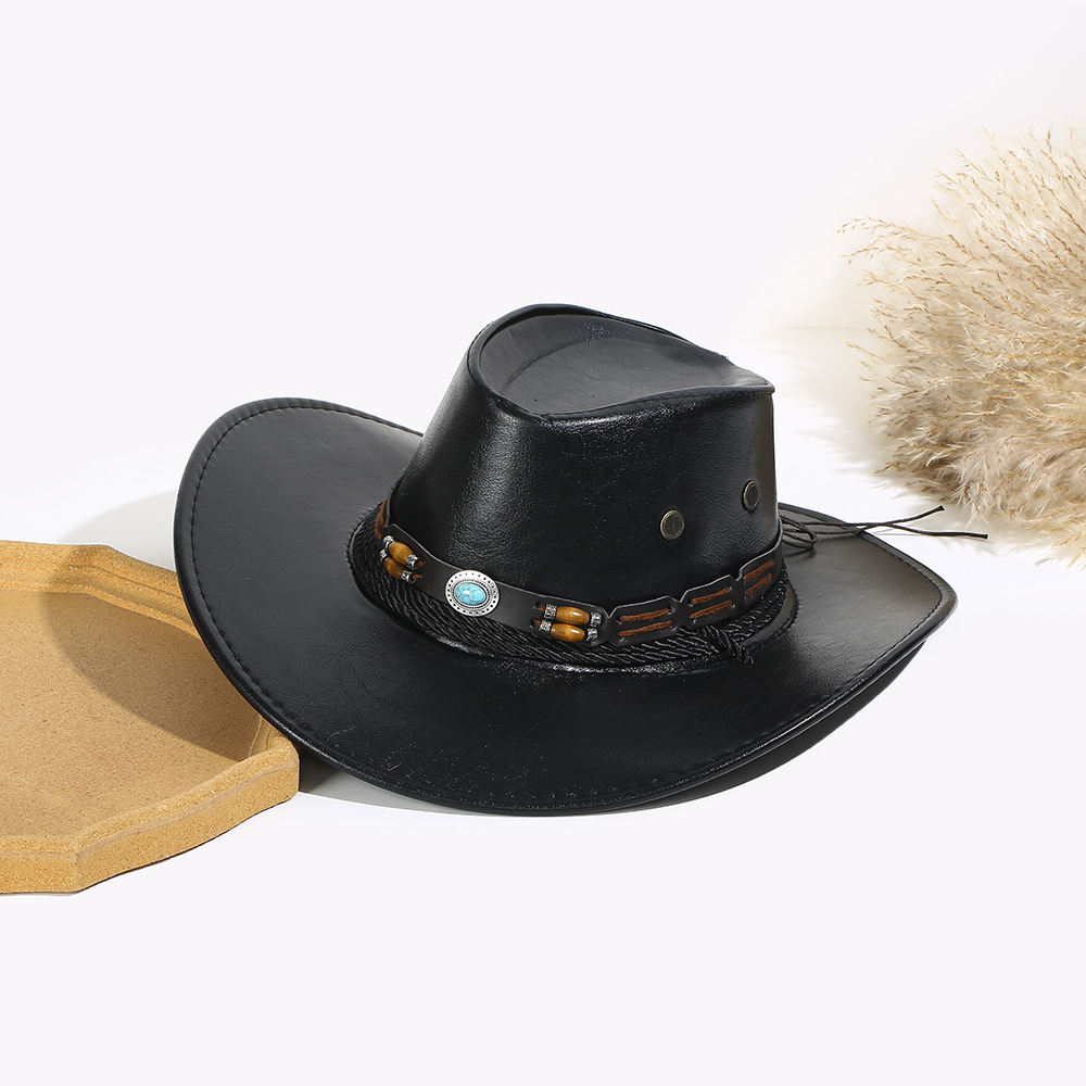 Unisex Ethnic Wind shade Western Cowboy hat Smooth leather PU Outdoor Sunblock rolled edge Knight top hat_voghion.com