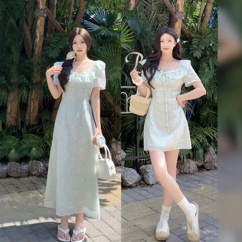 2026 Summer Plus Size French Style Gentle Mint Green Lace Waist-Slimming Dress for Plus Size Girls