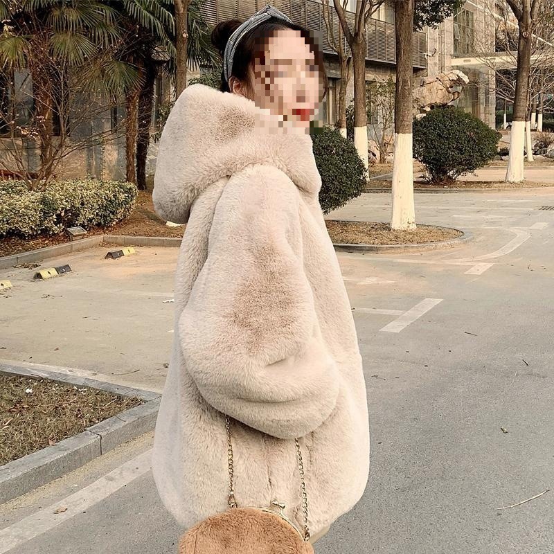 Korean Style Plush Fur Outwear for Women Mid-Length Winter Cocoon-Shaped Zipper Imitation Rabbit Fur Hooded Outwear Loose European and American