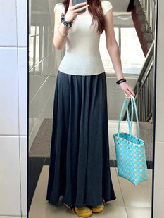 Gray Draped Skirt for Women, Summer Thin Style for Plus-Size Girls, High-Waisted, Hip-Covering, Slimming A-Line Long Skirt with a Large Hem for Walking