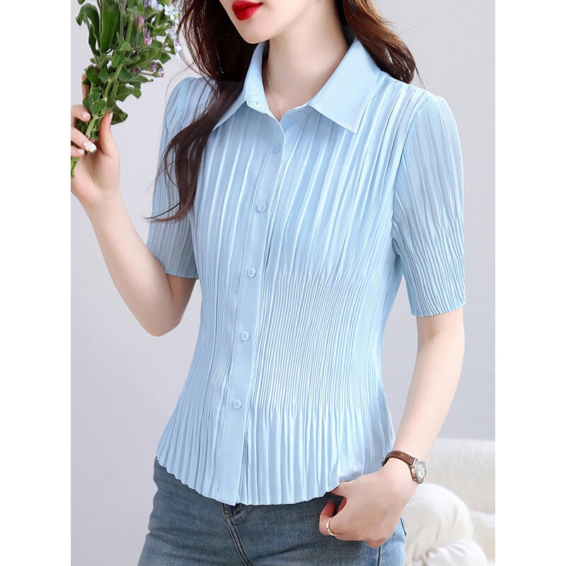 Elegant Lapel Pleated Waist-Chic Chiffon Shirt for Women 2026 Summer New Gentle Style Slim-Fit Short-Sleeve Blouse Elegant Lapel Pleated Waist-Chic Chiffon Shirt for Women 2026 Summer New Gentle Style Slim-Fit Short-Sleeve Blouse