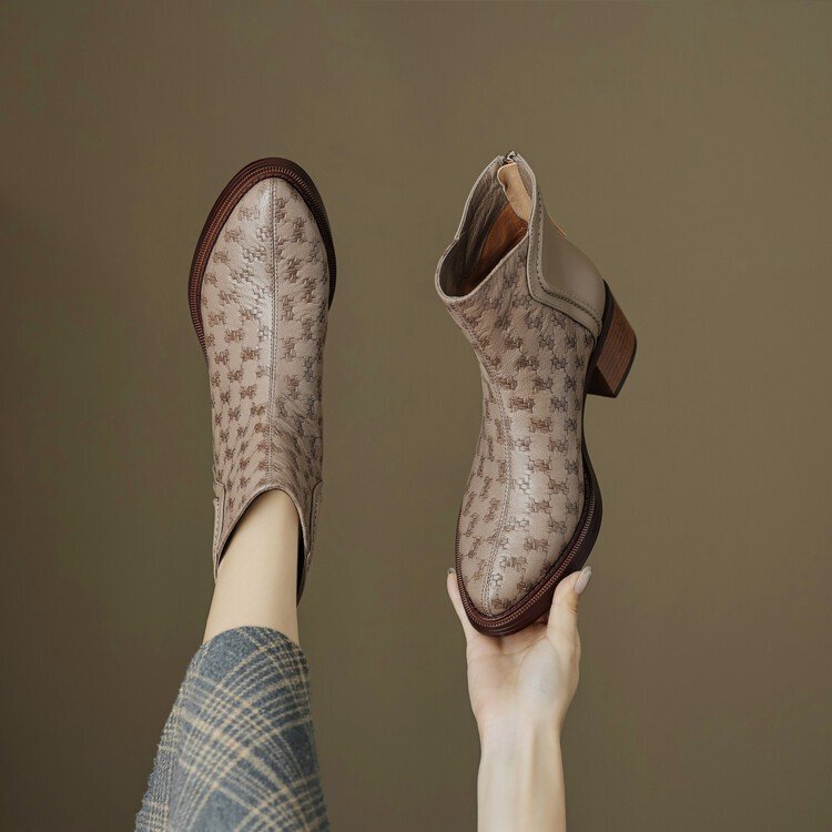 Short Boots Women's Boots Spring and Autumn Single Boots Round Toe Middle Heel High Heel Boots Chunky Heel 2024 Winter fleece-lined Chunky Heel Rear Zipper Leather Boots
