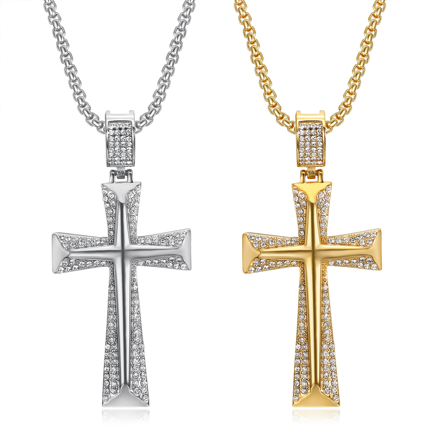 18K Gold Plated Plating Material Hip-Hop Cross Titanium Steel Plating Rhinestones 18K Gold Plated Men's