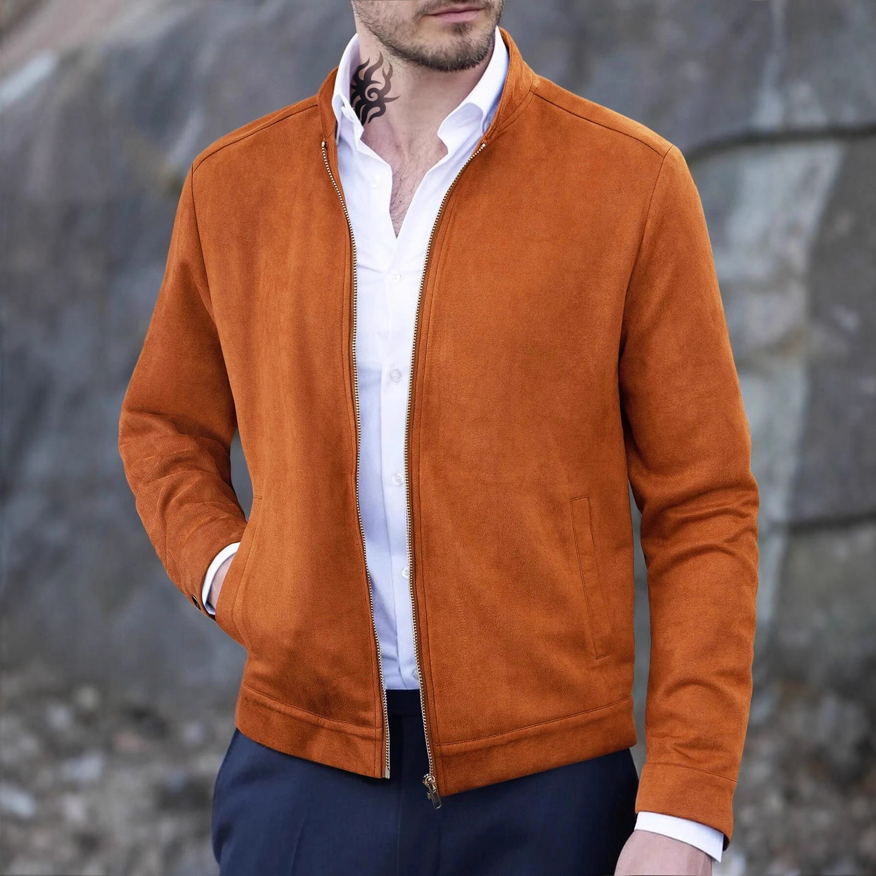 Nuevo comercio exterior de estilo europeo otoño y invierno delgado cuello redondo de manga larga cardigan de cuello vertical personalidad de estilo europeo y americano chaqueta casual para hombre