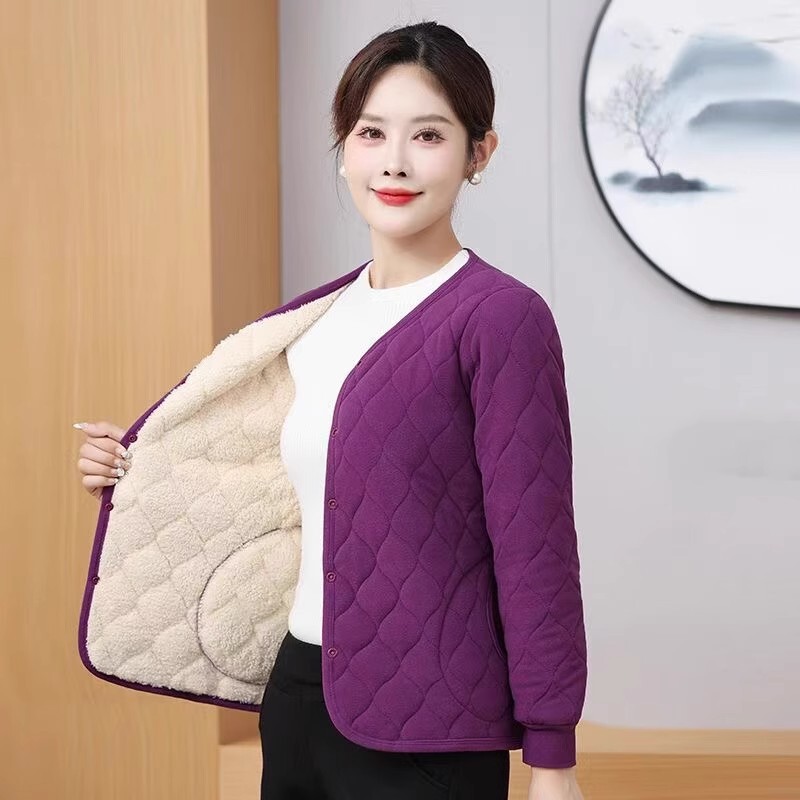 德绒棉袄冬季加绒加厚中老年女士居家服无领外套保暖棉服妈妈装|undefined