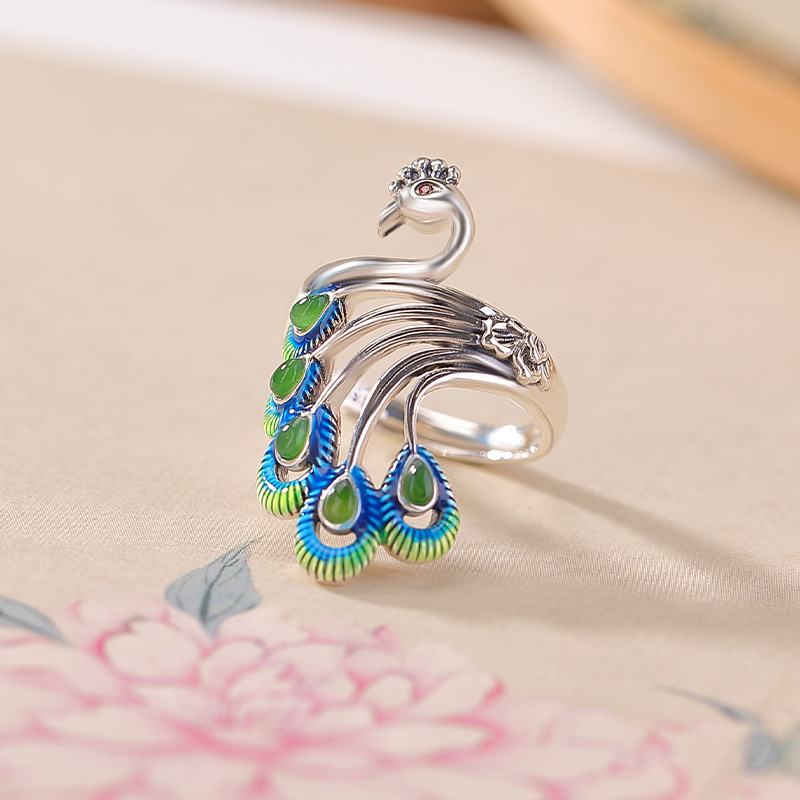 Yilu Silver Natural Hetian Jade Ring S925 Sterling Silver Jasper Southern Red Agate Peacock Men Guofeng Factory Bán buôn — Mẫu đỏ nam