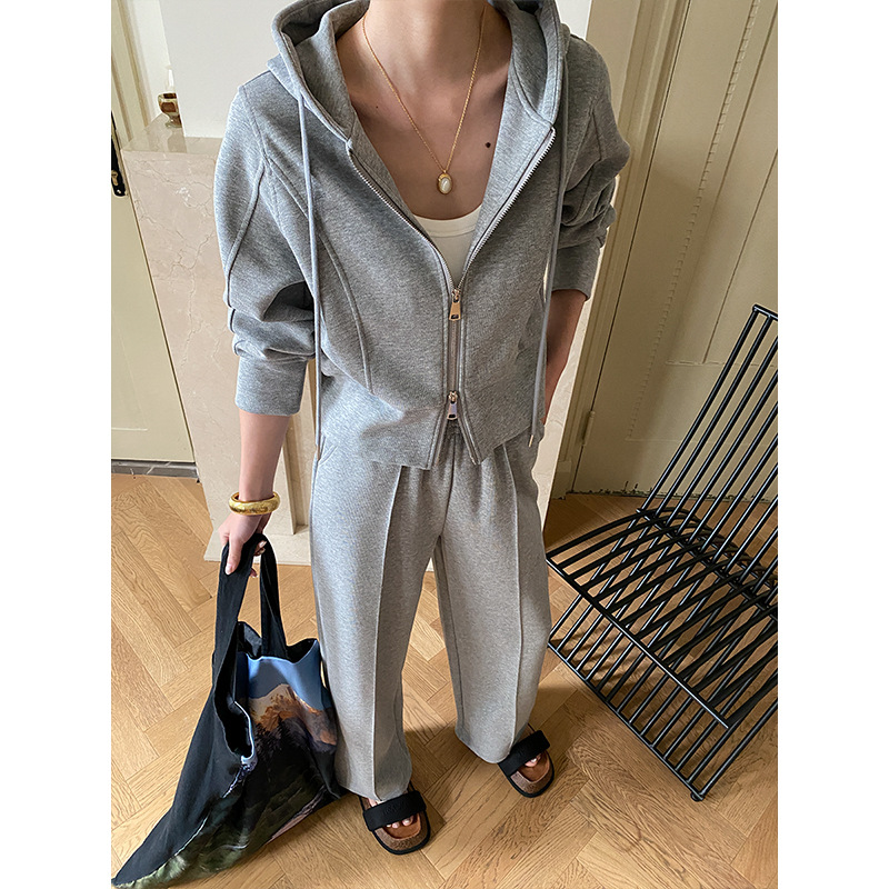 司南设计感双拉链廓型连帽外套阔腿裤运动休闲套装秋