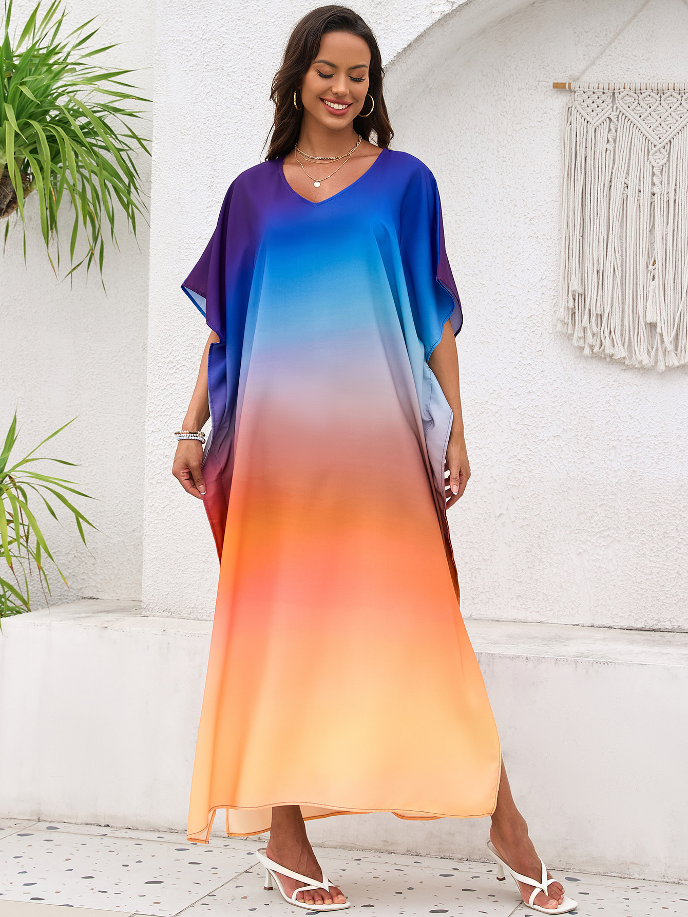 Vestido de playa de talla grande con estampado degradado europeo y americano, pareo de playa, protección solar, bata de playa