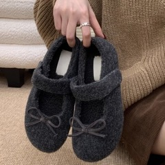 毛毛鞋女秋冬季法式蝴蝶结仙女风玛丽珍单鞋加绒平底棉鞋